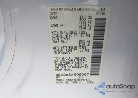 2010 Infiniti Qx56 z USA, uszkodzony, nr VIN 5N3ZA0NE6AN909067